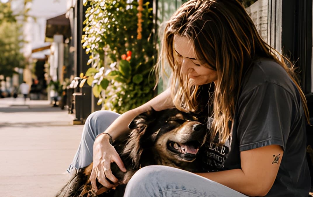 A woman sitting on a sidewalk petting her dog
